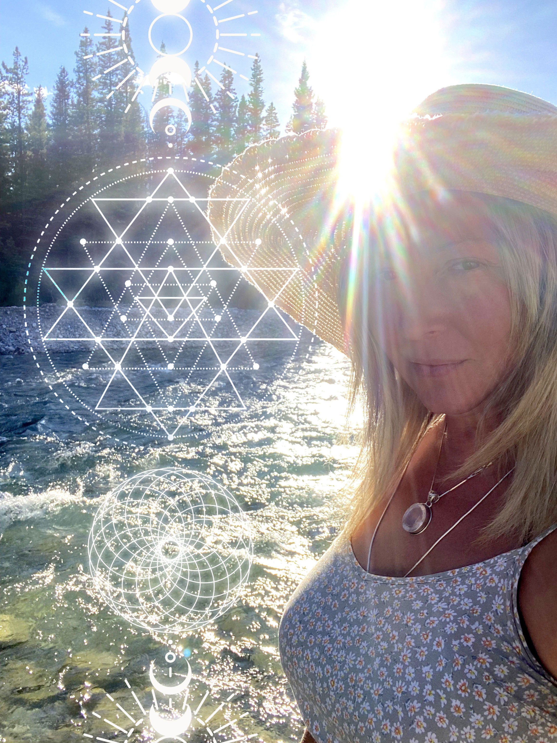 Rock My Soul wellness practitioner by the river with sacred geometry overlay